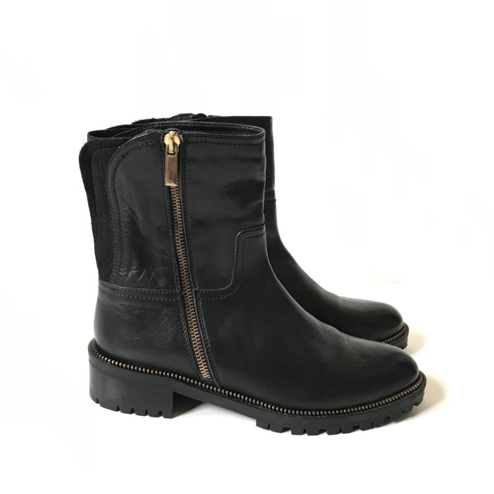 Fabianelli Leather Moto Ankle Boots Womens 38 7.5 Black Side Zip Block Heel Shoe
